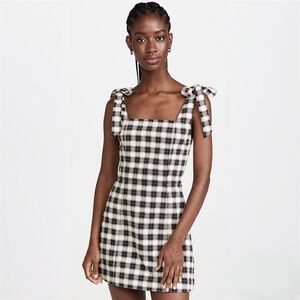 Alice + Olivia Plaid Black White and Red Check Cotton Tie-Shoulder Dress
